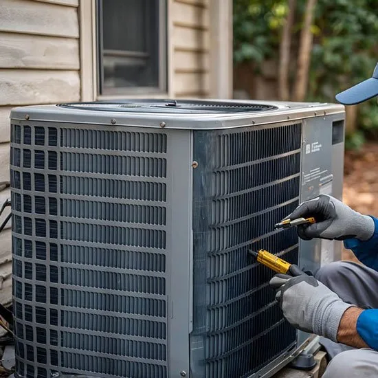 Technician servicing an air conditioning system in a New Orleans home